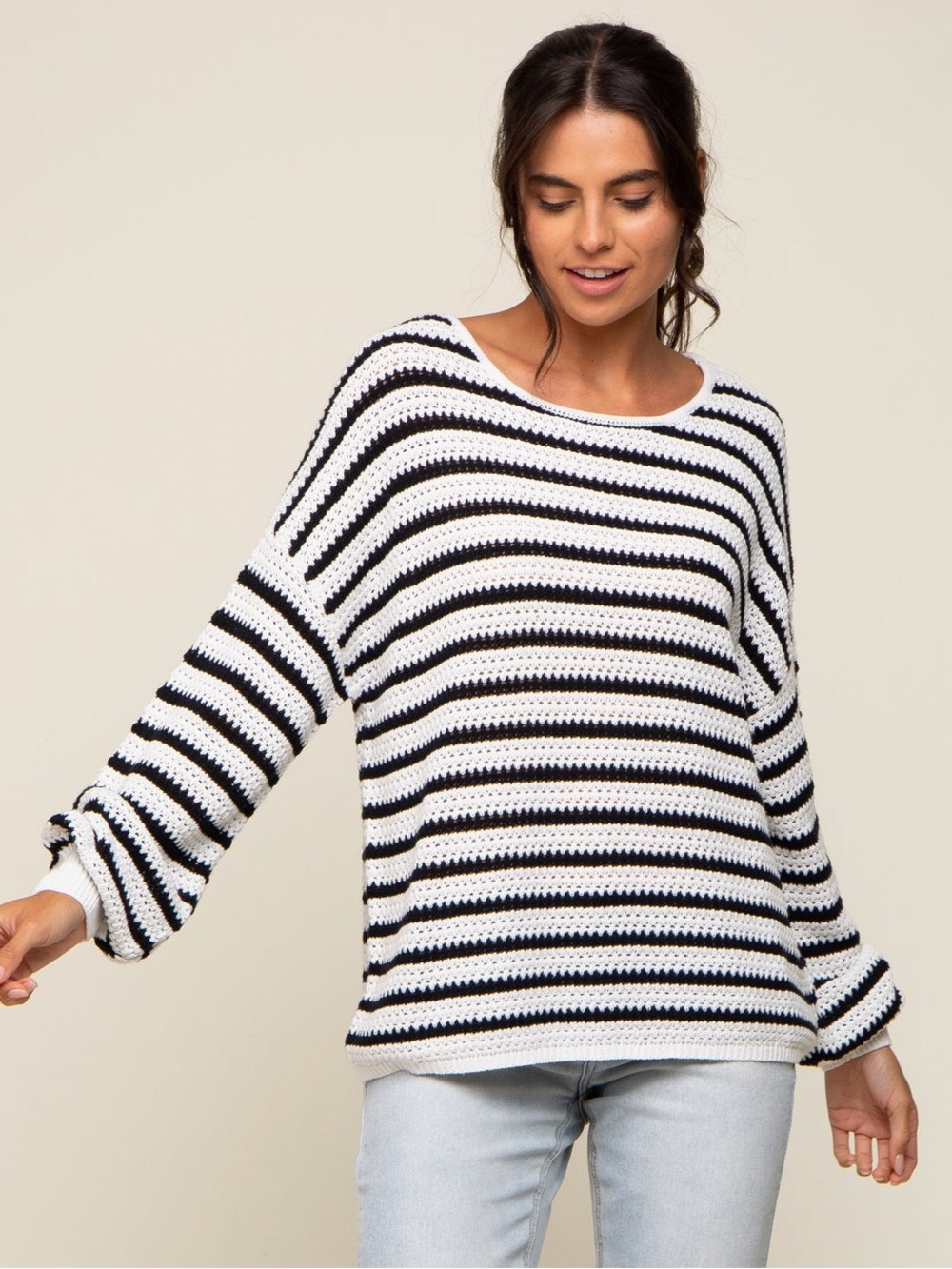 LIME NEW SIZE L Blu Pepper Black & White Striped Crochet Crewneck Sweater